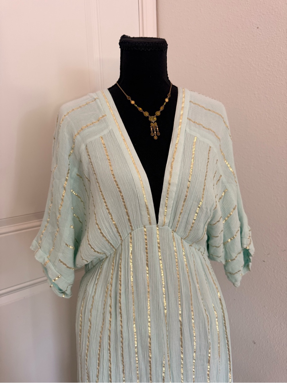 En Crème Blue Gold Striped Empire Waist Maxi Dress